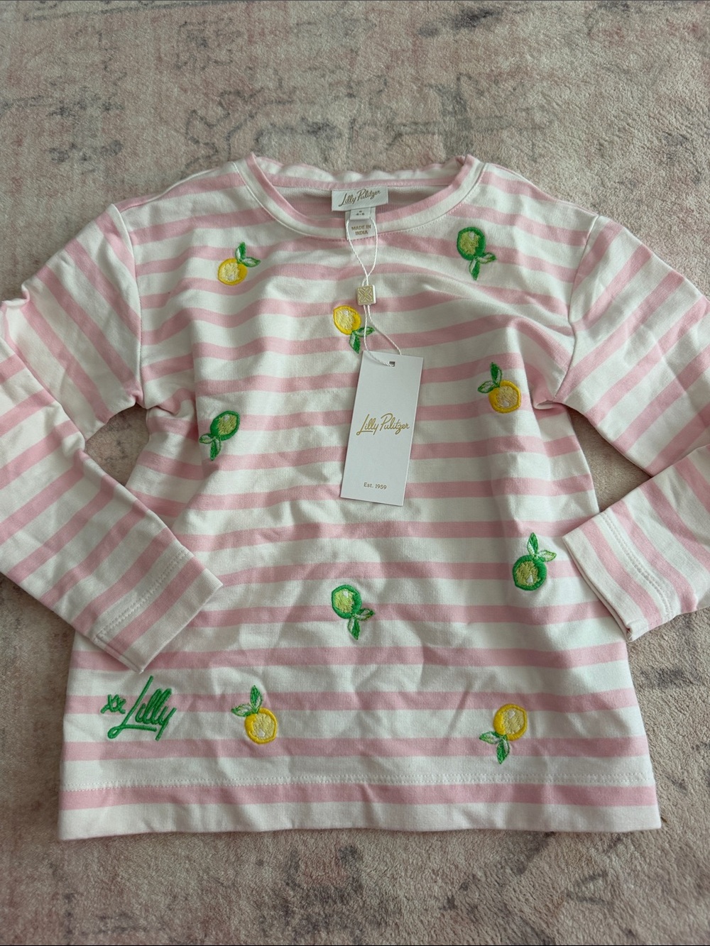 Lilly Pulitzer Pink & White Striped Long Sleeve Tee with Lemon Embroidery